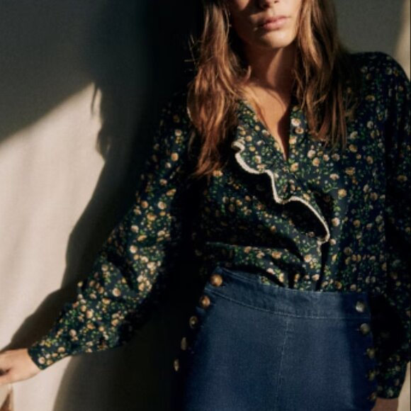 Sezane Colina Shirt Navy Miranda Print - Size 12 - Picture 2 of 6